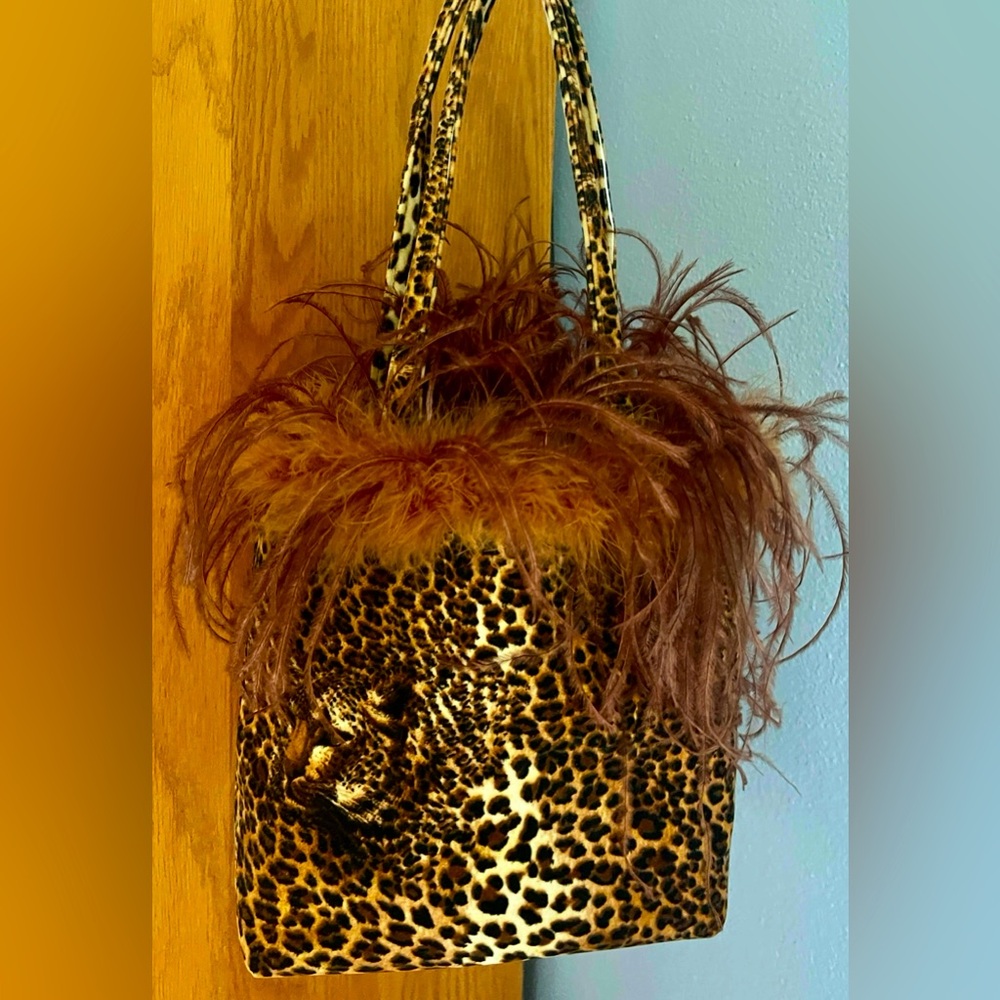Velvet Leopard Print Feathered-top Fun Bag